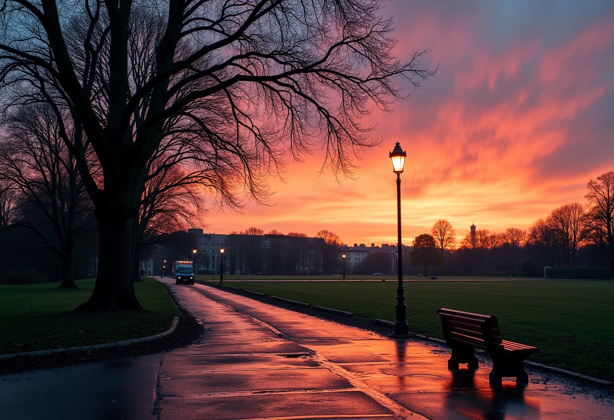 A vivid sunset sky over Zurich, as a solitary lampost stands guard over a clandestine park. A tree's branches stretch towards the pavement, its roots dug deep into the wet earth. In the distance, a ground vehicle navigates the slick road, leaving ruts in the muddy asphalt. A lone bench awaits occupant, shrouded in dusky reflection.