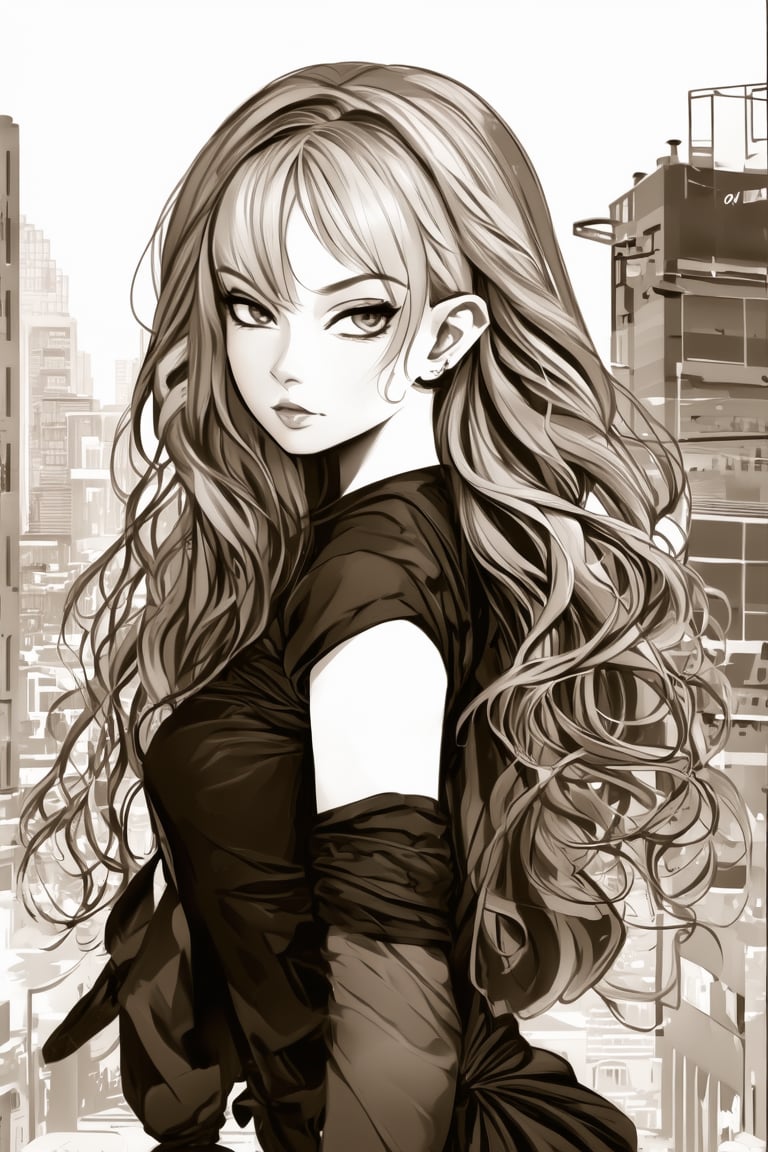 A stunning manga-inspired artwork features a ravishing girl with luscious locks cascading down her back, dressed in on-trend attire, set against a bold 2-tone sepia greyscale backdrop. Her striking face exudes confidence and panache, radiating drama as she stands out against the subtle grey hues of the cityscape.