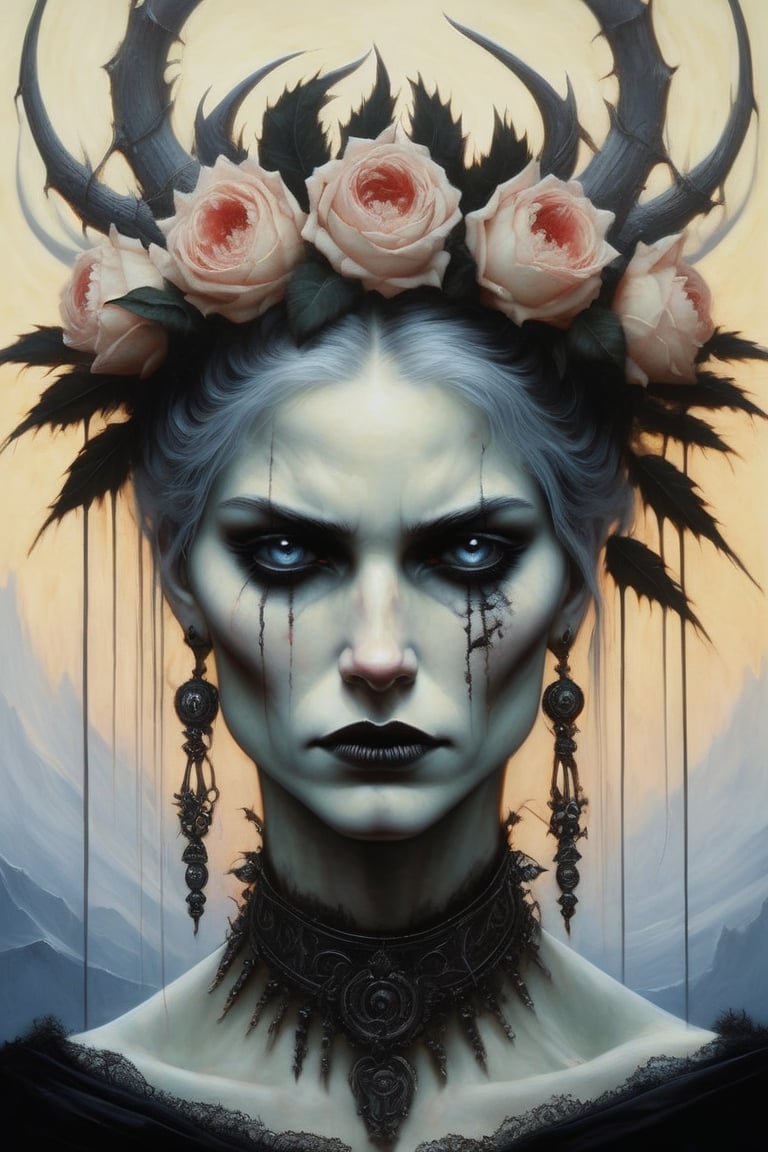 She wreaths with anger but is yet composed, her face speaks so much of her pain, beautiful sad and angry, highly detailed, masterpiece oil painting in the style of Gerald Brom, soft light hyper clean stroke,ink. 