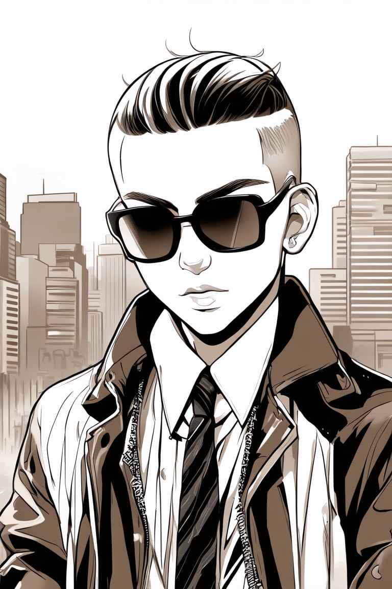 A manga-style illustration of a rich boy with stylish haircut, wearing sunshades and designer clothes, standing out in bold 2 tone sepia greyscale line art. His facial expression spells confidence, with a noticeable panache, adding to the dramatic flair. The surrounding city background fading into subtle shades of grey-brown, emphasizing the monochrome color scheme.