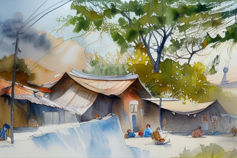 A _60_ x 60_ Watercolor artwork, a Captivating Indian village, surrounding nature, 4k resolution, intricate highly detailed painting, trending on artstation, sharp focus,  intricate details