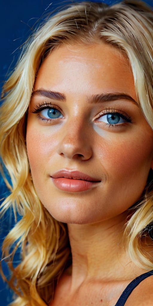 A close-up shot of a Swede blonde girl, set against a bright blue background with bold brushstrokes and vivid hues, capturing the essence of her lively nature. She sits confidently, gazing directly at the camera with a mischievous grin, her tinted hair styled in loose waves framing her striking features. The lighting is warm and vibrant, highlighting the golden undertones of her skin and the rich colors of her bluish-Grey eyes.