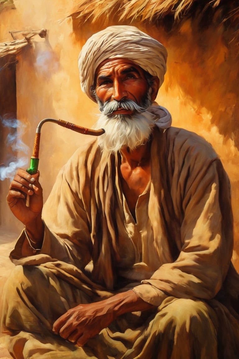 masterpiece, high quality, oil painting style, 1brown turbaned  village man, parted beard. curved moustache, wild brows, smoking a hookah, wrinkles  revealing his experience  and expertise, traditional village backdrop 