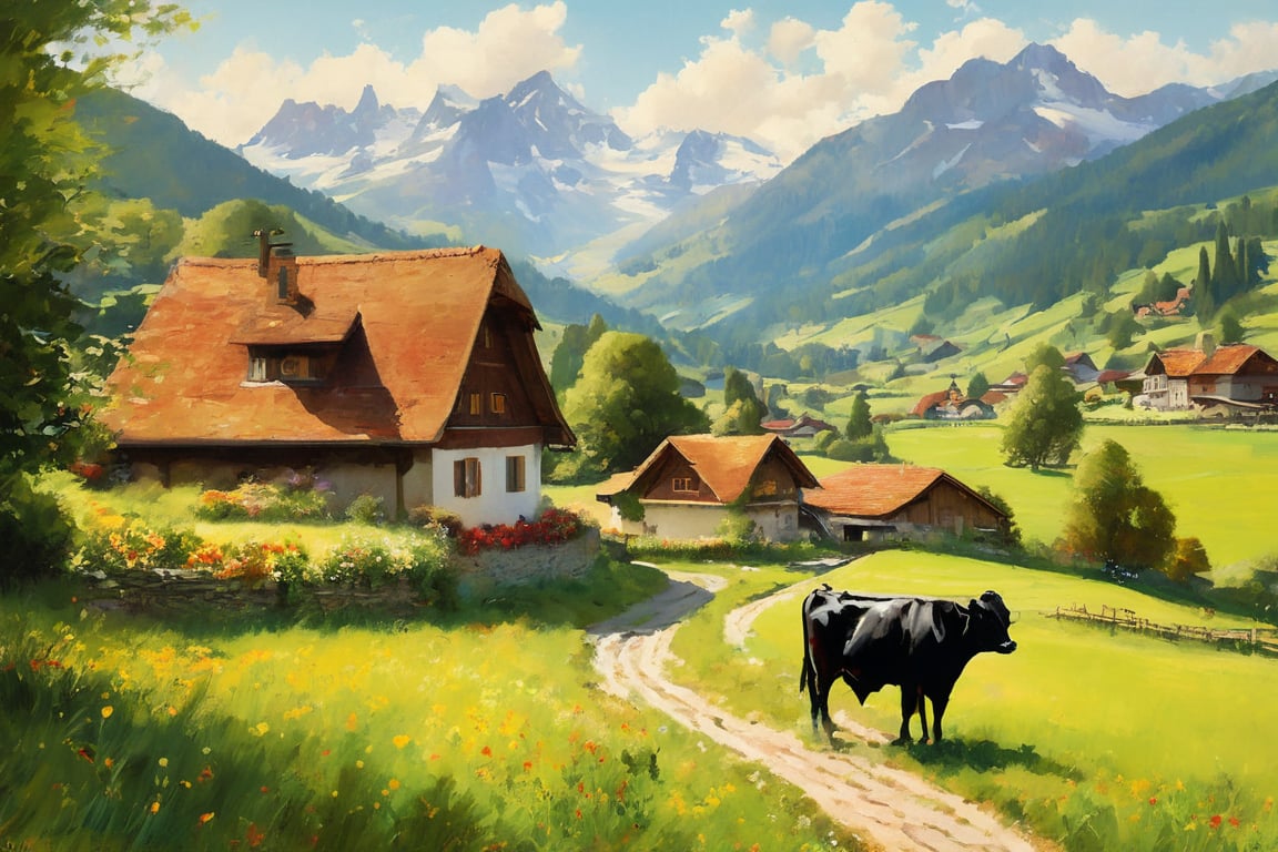 A serene oil-painted scene unfolds in a quaint Swiss village setting, where amidst mountains and pastures, a vintage steam engine train chugs along in the distant horizon, its gentle puff of smoke adding a touch of nostalgia to the rustic charm, a traditional house stands proud, its tiled roof glistening in the warm sunlight. Wooden fences and a meandering pathway lead to lush fields, dotted with cattle grazing peacefully. In the foreground, children's laughter echoes as they playfully chase each other, while adults sit quietly, observing the serene atmosphere. 