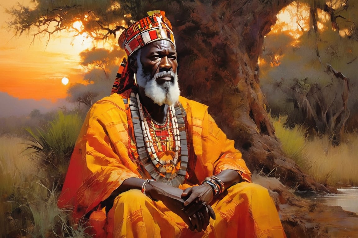 A majestic African tribal king, grey-bearded and wise, sits regally amidst the primordial wilderness. His weathered face bears a mix of wisdom and strength as he gazes out upon the vast expanse. Animal-skin garments adorn his robust physique, while a vibrant dashiki flows behind him like a river of gold. Framed by towering trees and a fiery sunset, this stalwart leader commands respect from all who behold him.