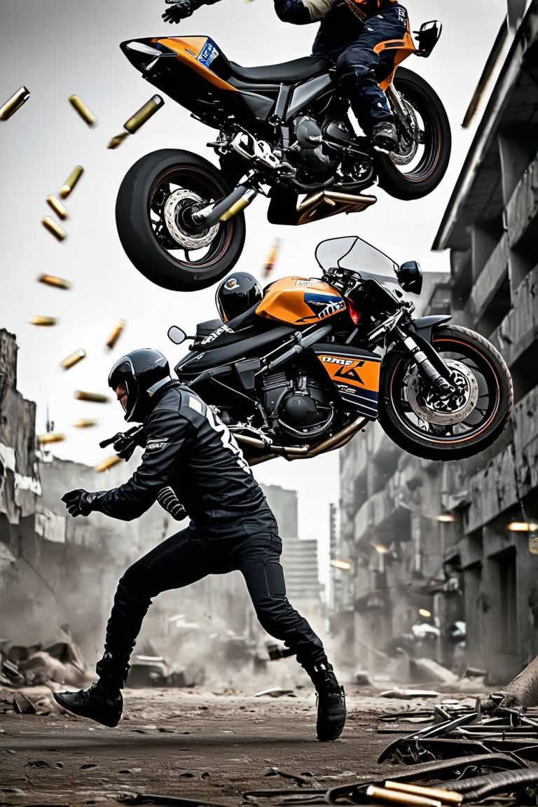 A dynamic action shot: bullets whizzing by, two motorcycles suspended in mid-air, their riders performing a daring stunt. The hero, dressed in a sleek outfit, hunches down for safety, eyes scanning the surroundings with caution. A gritty urban backdrop provides the setting, with crumbling buildings and twisted metal in the foreground, capturing the chaos of the scene.