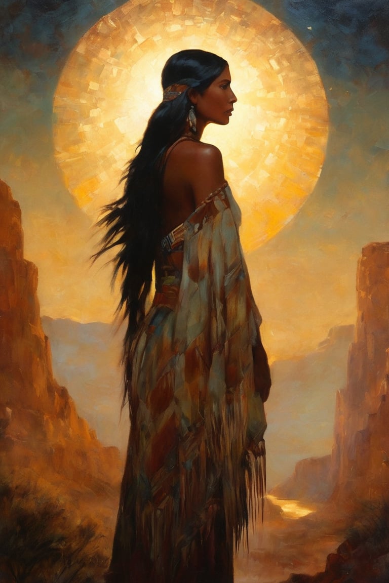 A majestic oil painting, 'Midnight Radiance', depicts a resplendent Native American woman standing amidst darkness, her radiant oval face illuminated by subtle reflected light dancing across her smooth skin. The toned figure is silhouetted against the mysterious natural backdrop, as if the night itself has become a frame for her captivating beauty.