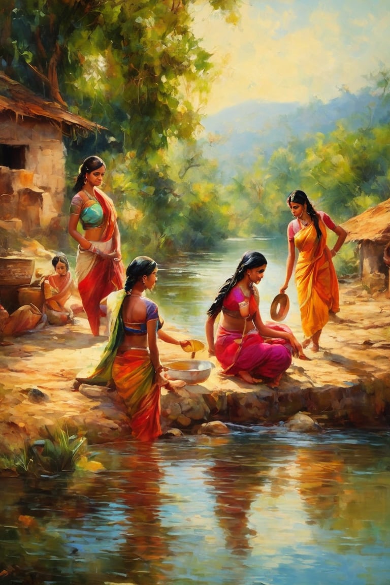 A masterpiece of oil painting style, set in a natural indian village atmosphere. Group of revealing women bathing, in the river. Background women washing in water