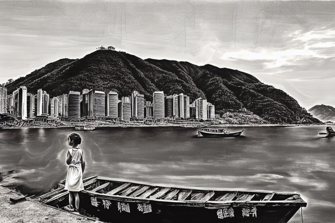 paint_(artwork), 1girl, standing, on a Junk boat, very aesthetic, intricate, best quality, amazing quality, extremely high resolution, ultra-detailed, intricate detailed face and eyes emotionaless, intricate line, delicate drawing, background-early 1900 Hong Kong coastline (visual poetry),