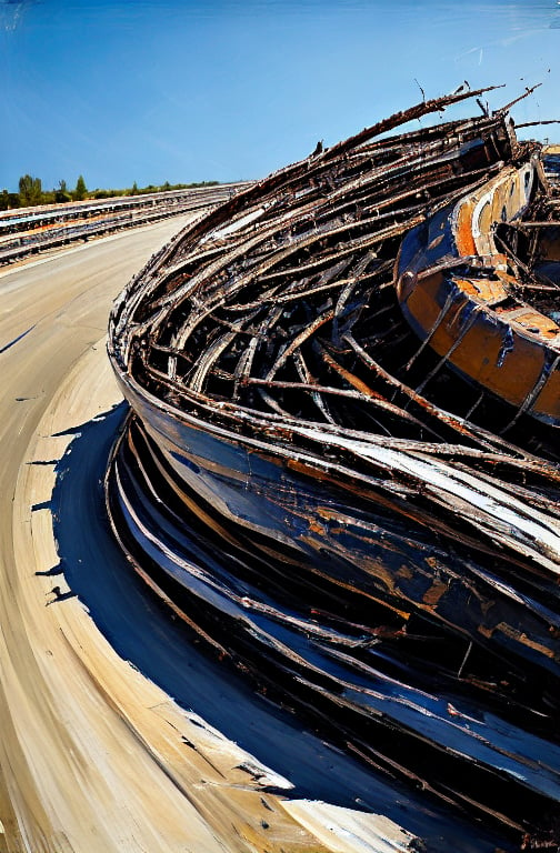 A vibrant motocross track unfurls before us, where the sound of revving engines meets the crunch of shattered asphalt. A twisted metal carcass sprawls across the terrain, as a wheel careens wildly towards the viewer, its tattered tire and exposed hub spinning in defiance. Brushstrokes dance across the canvas with reckless abandon, imbuing every detail with an unyielding sharpness - the ridges on the track's surface, the shattered glass, the twisted metal. Every edge is clean and defined, drawing our gaze inexorably towards the whirling wheel, as if suspended in a moment of perpetual motion.