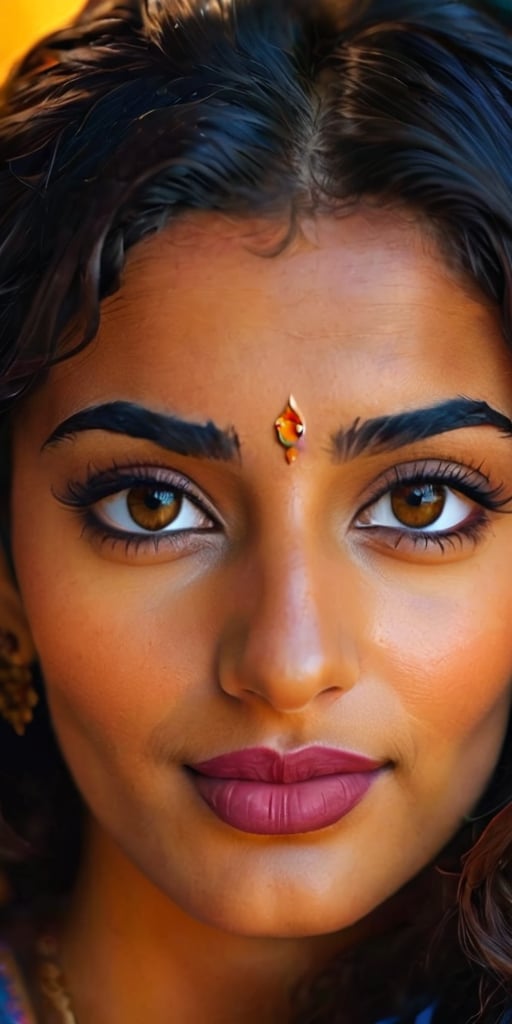 A close-up shot of an Arabian girl, set against a bright blue background with bold brushstrokes and vivid hues, capturing the essence of her lively nature. She sits confidently, gazing directly at the camera with a mischievous grin, her dark hair styled in loose waves framing her striking features. The lighting is warm and vibrant, highlighting the golden undertones of her skin and the rich colors of her traditional attire.