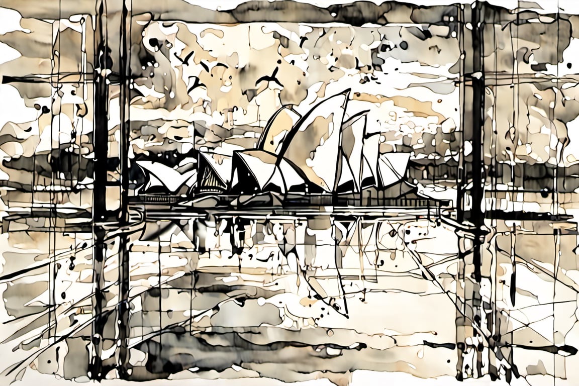 Sketch in  ink of a masterpiece, best quality,  style, Sydney Opera painting, reflecting on the wet floor. The image creates a feeling of tranquility and harmony,
((creation of SALVADOR DALI)),
