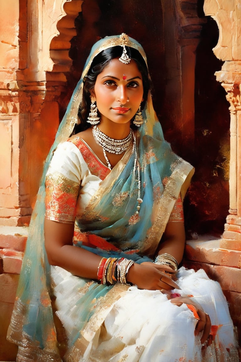 A majestic portrait of a magnificent indian queen sitting at the arched window overlooking the royal gardens, She exudes elegance, modesty, humility,, Her beauty is renowned over the entire region. Her subjects respect and adore her.