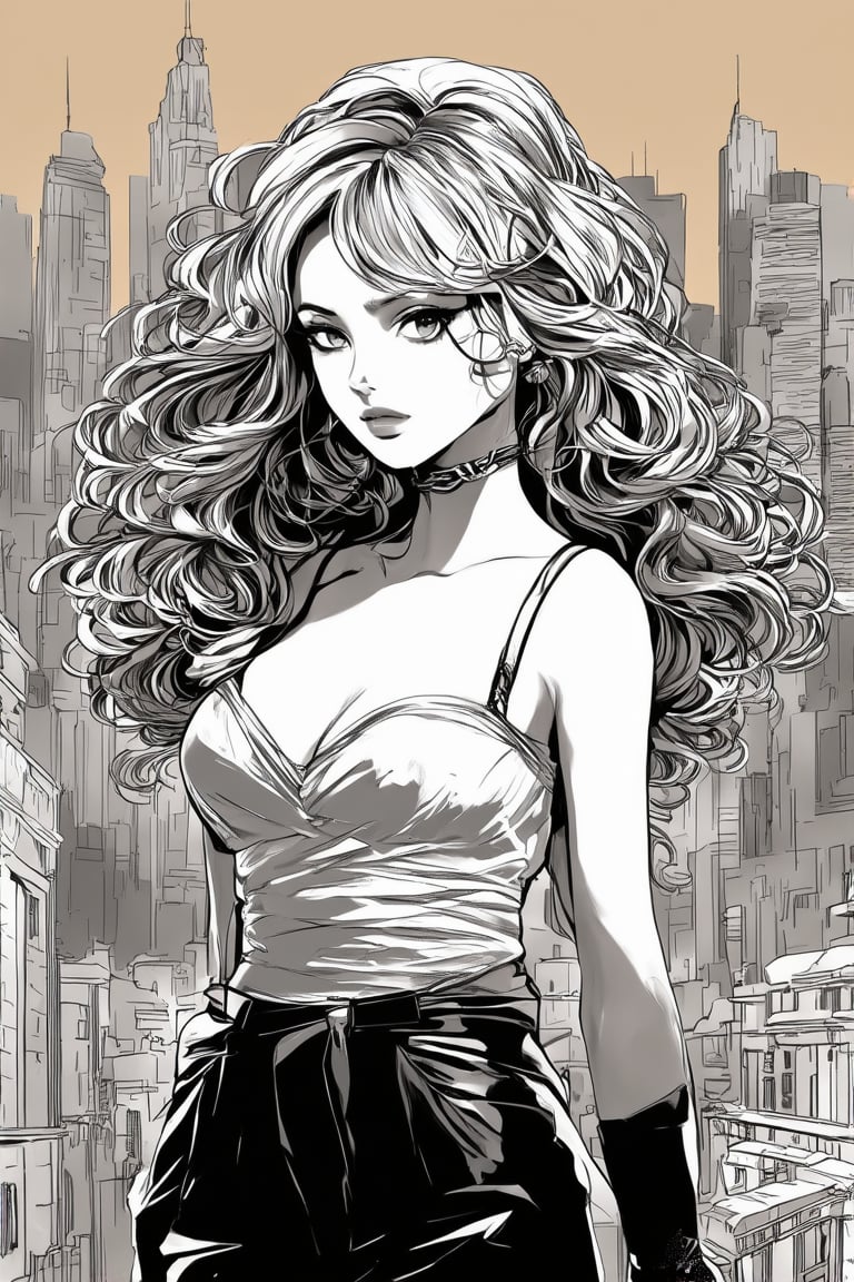 A stunning manga-inspired artwork featuring a captivating young woman with luscious, flowing hair, dressed in fashionable attire, standing out against a bold 2-tone sepia greyscale line art backdrop. Her confident expression exudes panache, adding to the dramatic flair of the composition. The cityscape behind her dissolves into subtle shades of grey, harmonizing with the monochrome color scheme, while her striking presence takes center stage in this visually striking illustration.