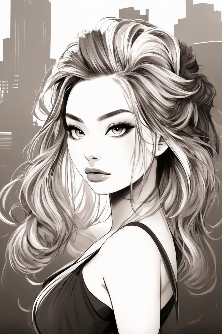 A stunning manga-style portrait of a ravishing young asian woman, her luscious locks flowing like silk in the sepia-tinted light. She stands poised, exuding self-assurance and poise, her features sculpted with bold lines. Trendy attire complements her striking visage, as she dominates the monochromatic cityscape. The subtle shading of grey hues creates a dramatic backdrop, emphasizing the 2-tone artistry.