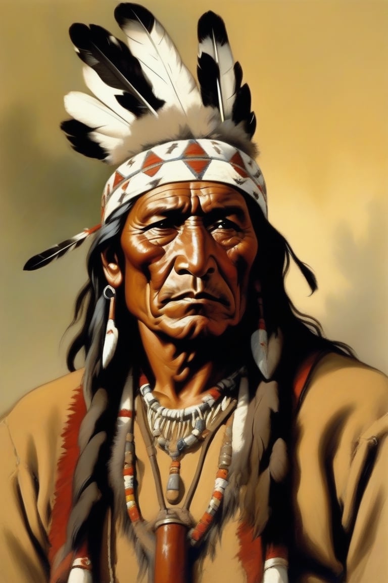 Grey-Hawk the legendary stern, Native Chief, straight pleatted hair, serious attitude, old pipe smoker, of western country 