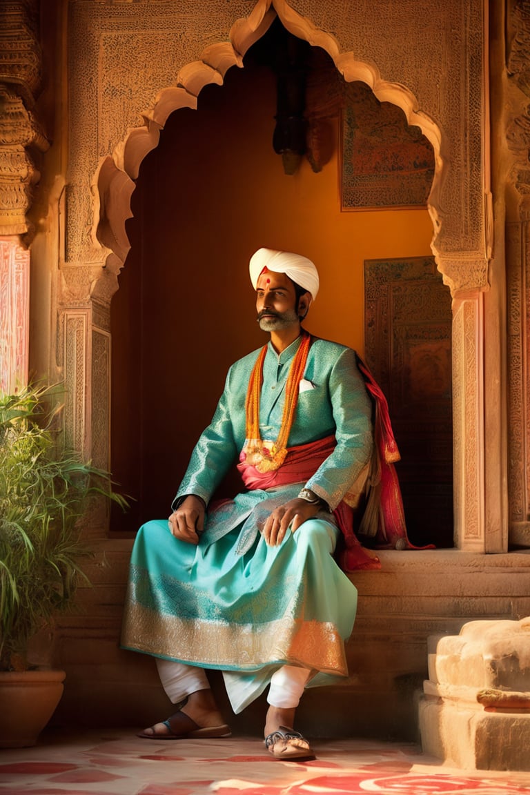 Against the intricate stone archway of a palace window, the majestic Indian King sits serenely, eyes fixed on the vibrant royal gardens beyond. Soft, warm light dancing across his noble features, imbues him with an aura of elegance, modesty, and humility. His strong jawline and wise eyes convey bravery and valour, as he gazes out upon the lush landscape, symbolizing a benevolent leader revered by his people.