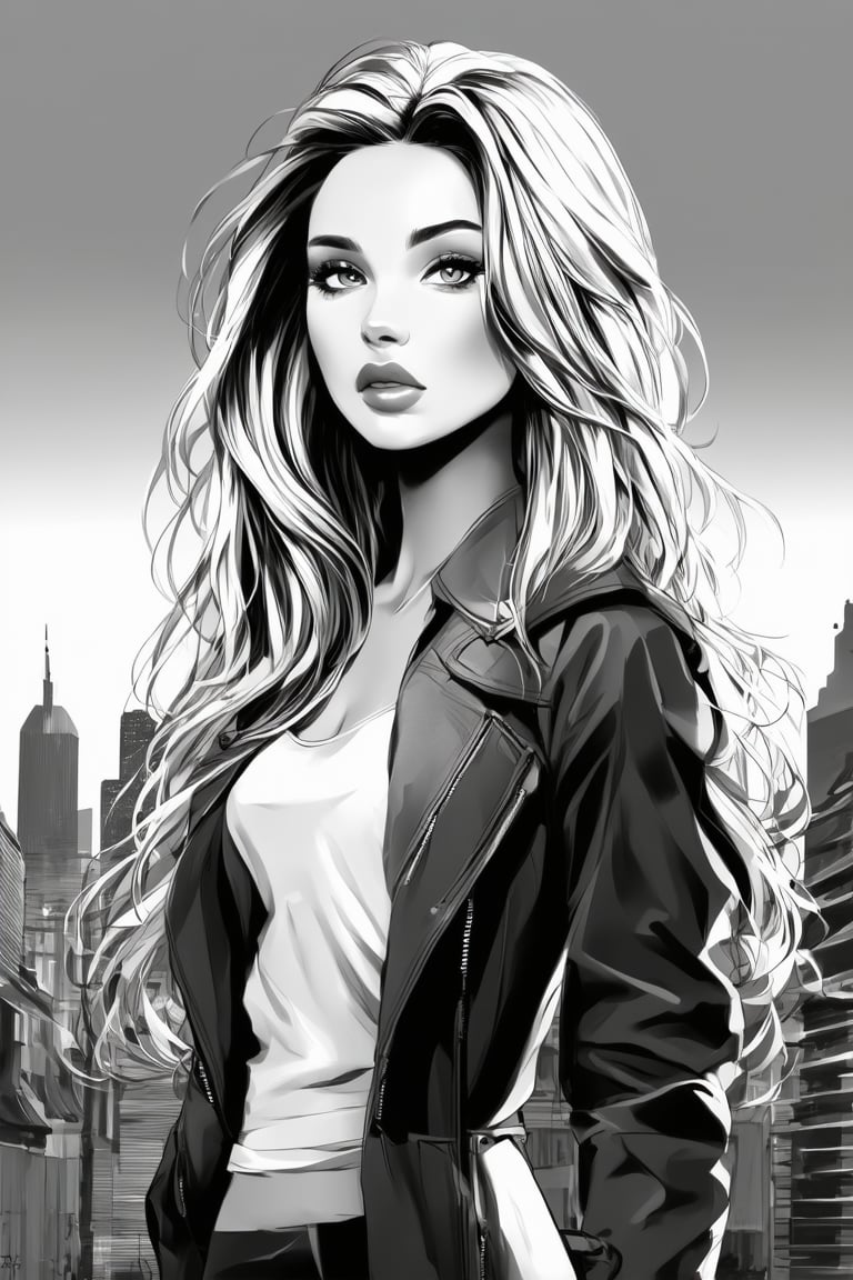 A stunning manga-style portrait of a ravishing young woman, her luscious locks flowing like silk in the sepia-tinted light. She stands poised, exuding self-assurance and poise, her features sculpted with bold lines. Trendy attire complements her striking visage, as she dominates the monochromatic cityscape. The subtle shading of grey hues creates a dramatic backdrop, emphasizing the 2-tone artistry.