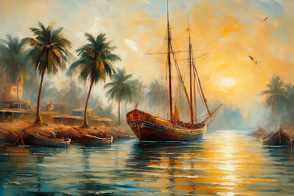 A serene Indian-inspired watercolor scene: A majestic sailboat, adorned with intricate carvings and ornate details, gently sways in a tranquil harbor. Bold brushstrokes dance across the canvas, blending rich colors like saffron, turquoise, and crimson to evoke the vibrant spirit of Indian culture. The surrounding landscape is dotted with lush palm trees, their feathery fronds rustling softly in the breeze. In the foreground, the sailboat's wooden hull gleams warmly, as if kissed by the golden light of a setting sun.