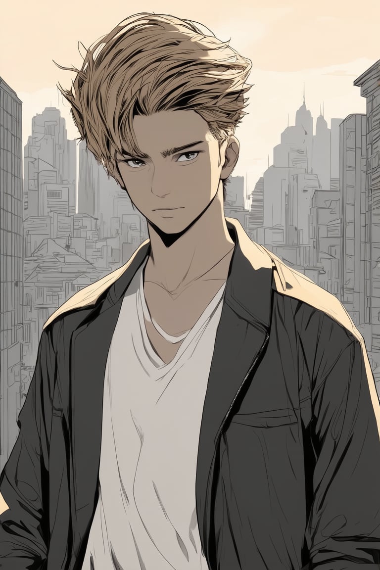 Here's a prompt for an SD model to generate an image based on your description:

A serene dusk cityscape in muted sepia hues sets the tone for a striking manga portrait. A stylish young man stands confidently against this warm-toned backdrop, his sleek hair tousled by a gentle breeze. Soft, golden light casts a flattering glow on his chiseled features, defined by bold lines and sharp angles. Trendy attire complements his striking visage, as he dominates the monochromatic grey tones of the cityscape, emphasizing the 2-tone artistry of this captivating scene.