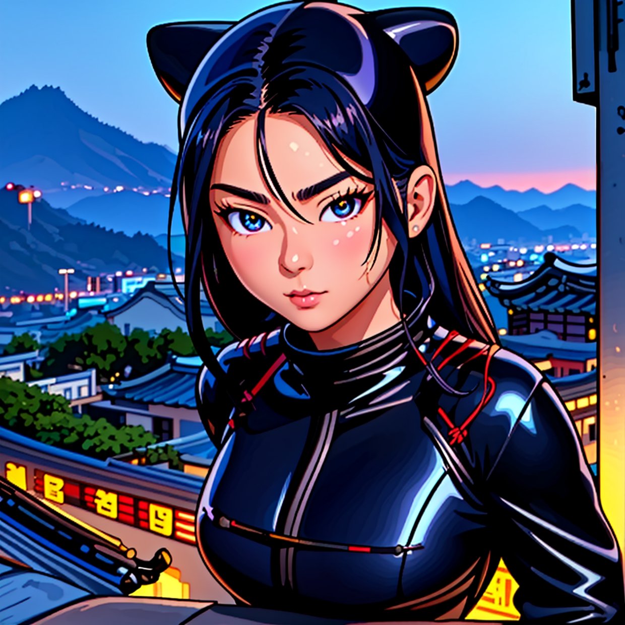 ((Top Quality, 8K, Masterpiece)), Sharp Focus, (Super Beautiful Face), (Glossy Skin), Realistic Photos, Black Hair, Realistic Pupils, Movie Lighting, Highly Detailed Eyes and Face, Movie Lighting, (Cowboy Shot), (Black Ninja suit), (Korean Cute Ninja), on rooftop, overlooking looking classic old Korean town