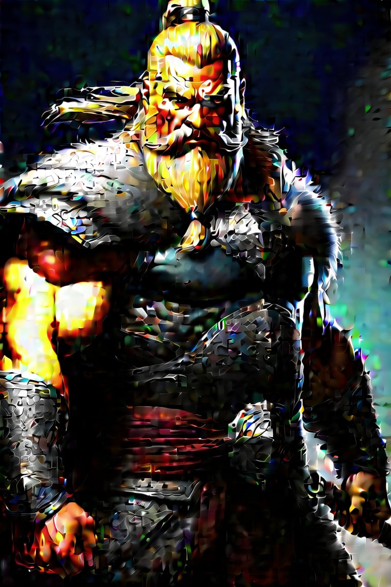 The Norseman Warrior, shielded vest, muscular, plated blonde hair, thick moustache, bandana, old rope tied, Thor styled hammer,  worn-off shiek
ld