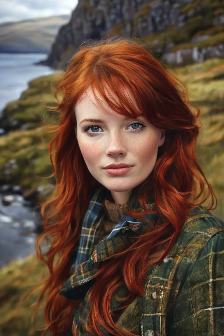 1 girl, art, red hair, Extremely Realistic, artwork , Scottish Highlands 