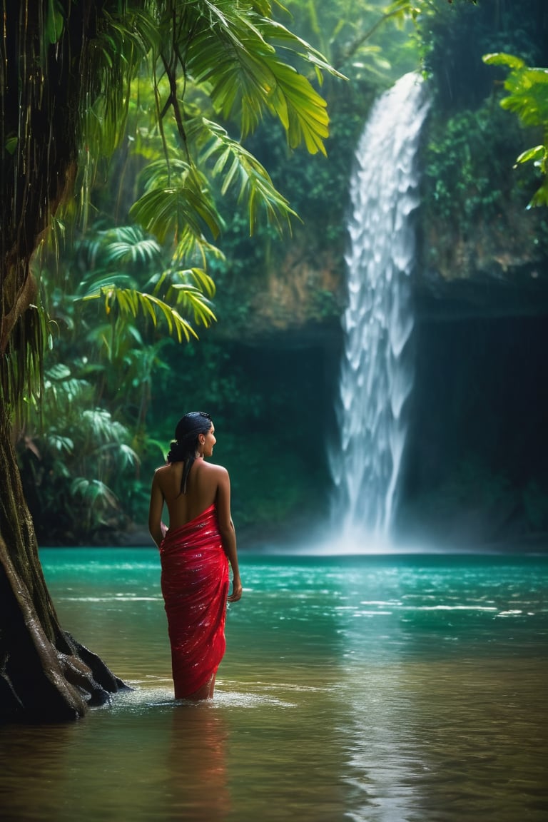 A serene scene unfolds: a woman bathes under a waterfall by a shallow bay surrounded by lush jungle , her rain-soaked features enhancing her contours reflect off her wet skin, accentuating her figure in a drenched see through sarong, radiant smile. Playful splashes of water dance around her as she soaks in, embracing the tranquility of the rainy season's atmosphere.