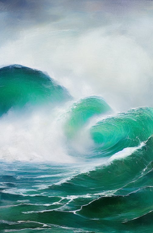 Turbulent Sea: 'Catch' Struggle Against Massive Wave. Brushstrokes of whitewater fury engulfing yacht's hull as it battles against cresting blue-green monolith. Waves' ferocity and yacht's desperation captured in swift, dynamic strokes.