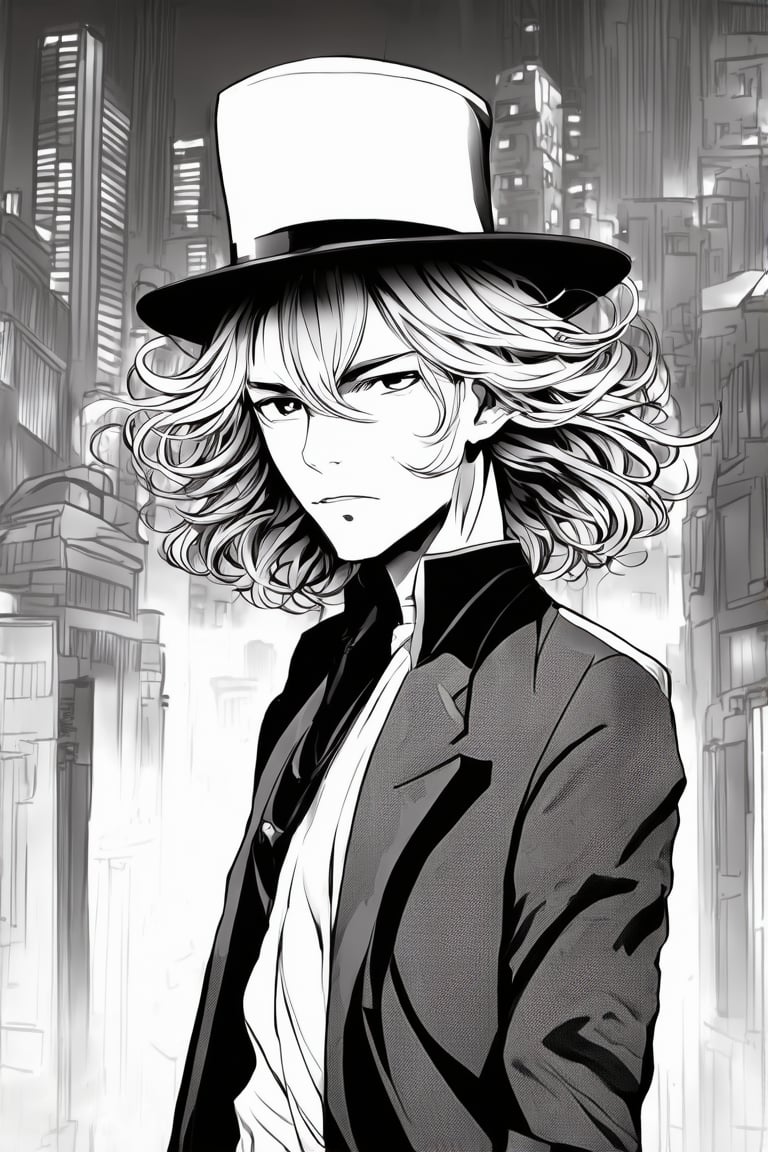 A stunning manga-inspired artwork featuring a captivating young man with luscious, flowing hair, dressed in a fashionable Double-crested suit, hat, standing out against a bold 2-tone sepia greyscale line art backdrop. His confident expression exudes panache, adding to the dramatic flair of the composition. The cityscape behind him dissolves into subtle shades of grey, harmonizing with the monochrome color scheme, while his striking presence takes center stage in this visually striking illustration.