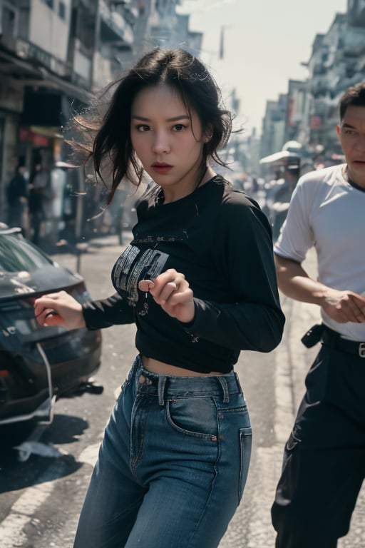 Here's a high-quality prompt for a photorealistic image:
A stunning, photorealistic image of a young girl with striking features: long black hair blowing in the wind, dressed in a long sleeve t-shirt and jeans, showcasing her athletic build. Her bright big eyes sparkle as she is ready to attack her enemy in a dynamic action pose, reminiscent of a blockbuster movie scene. The background reveals the vibrant market streets of Mongkok, Shot from a wide-angle lens with a cinematic flair, capturing every detail of this fit and fierce young warrior, effortlessly executing Kung fu moves.