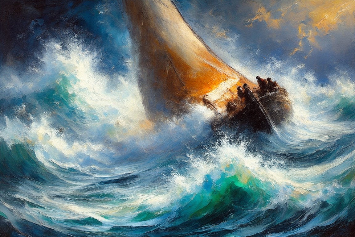 A serene Indian-inspired watercolor scene: The men are waging war with the turbulent sea, on their traditional boat, the boat sways. Bold, rigorous, brushstrokes across the canvas, blending rich colors to evoke the vibrancy and rage of the waves. The flash of lightning provides the light to this action masterpiece.