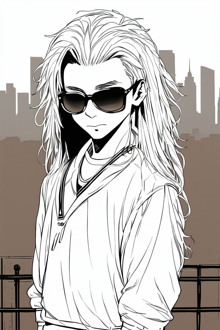 A manga-style illustration of a handsome boy with long stylish hair, wearing sunshades and trendy clothes, standing out in bold 2 tone sepia greyscale line art. His facial expression spells confidence, with a noticeable panache, adding to the dramatic flair. The surrounding city background fading into subtle shades of grey-brown, emphasizing the monochrome color scheme.