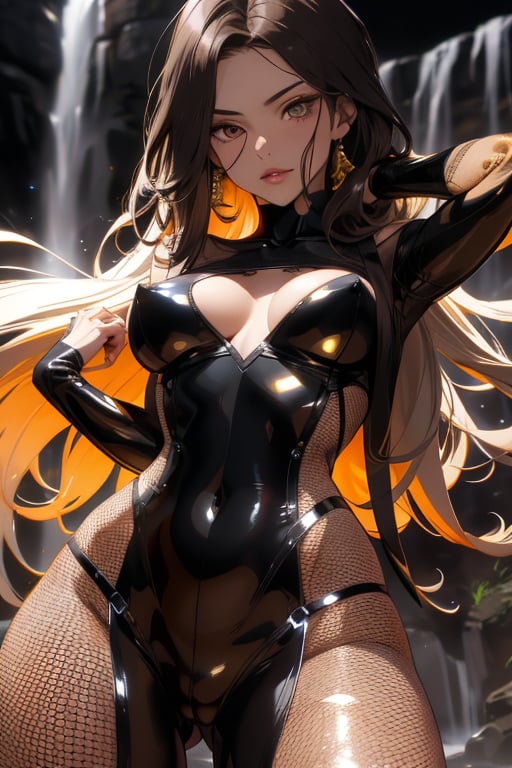 A close-up shot of a sultry villainess, framing her striking features against a warm, golden glow. Her long, dark hair cascades like a waterfall of night, its lustrous texture illuminated by soft lighting that accentuates the rich tones. She wears a vibrant, metallic bodysuit. Her pose exudes confidence and menace, as if plotting her next dastardly move.