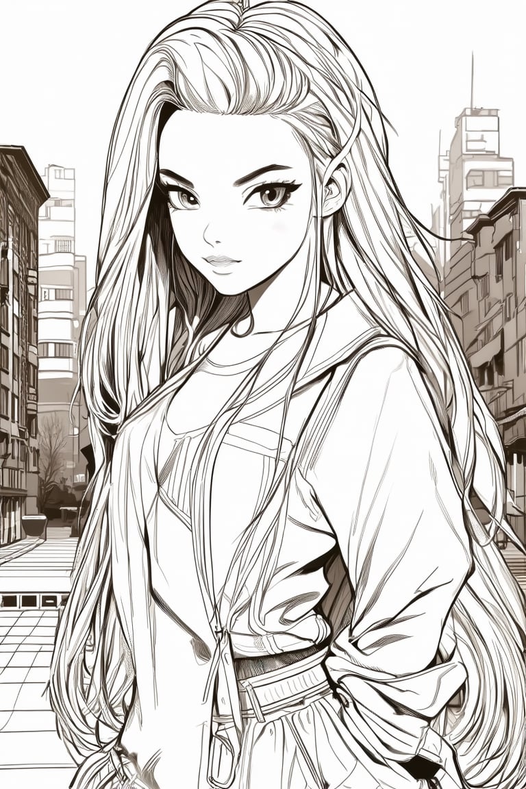 A manga-style illustration of a gorgeous girl with long stylish hair, wearing trendy clothes, standing out in bold 2 tone sepia greyscale line art. Hier facial expression spells confidence, with a noticeable panache, adding to the dramatic flair. The surrounding city background fading into subtle shades of grey, emphasizing the monochrome color scheme.