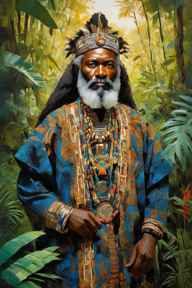 A majestic Grey-bearded Black Tribal King stands tall amidst the lush verdure of his native jungle, adorned in intricately patterned animal skin garments and gleaming tribal adornments. Soft, warm oil paint hues evoke a sense of aged wisdom as he gazes out upon the untamed landscape, his eyes aglow with a deep connection to the land and its ancient traditions.