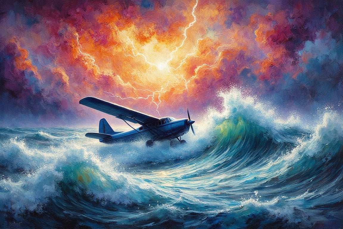 A serene Indian-inspired watercolor scene: The turbulent skies, weather, the plane briskly withstanding the harsh, strong winds. Bold, rigorous, brushstrokes across the canvas, blending rich colors to evoke the vibrancy and rage of the skies. The flash of lightning provides the light to this action masterpiece.