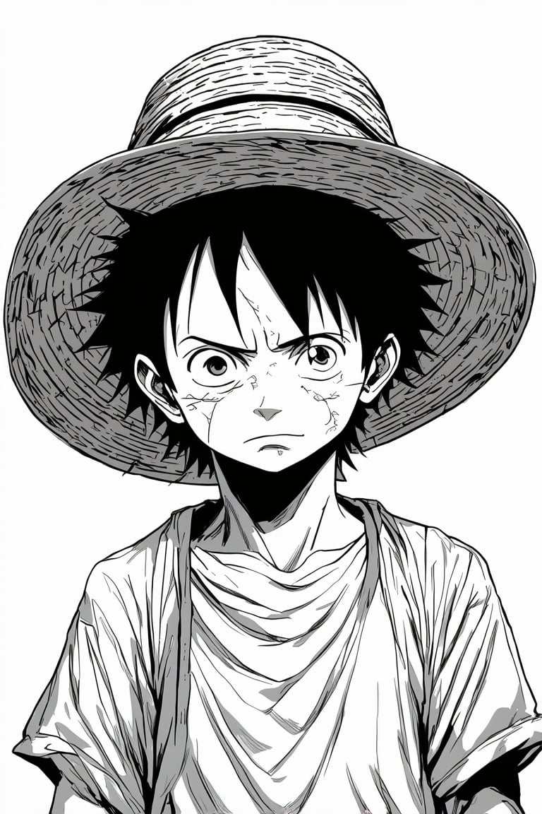 A dramatic manga-style illustration of Monkey D. Luffy, a young boy with short, spiky hair, donning a worn straw hat and an open white shirt, as he stands confidently in the center of the frame. The entire piece is rendered in stunning greyscale tones, with subtle shading and texture adding depth to his rugged features. A prominent scar runs diagonally across his cheekbone, a testament to his adventures on the high seas. The composition is simple yet striking, with Luffy's figure taking center stage against a neutral background that allows his striking pose and facial expression to take center stage.