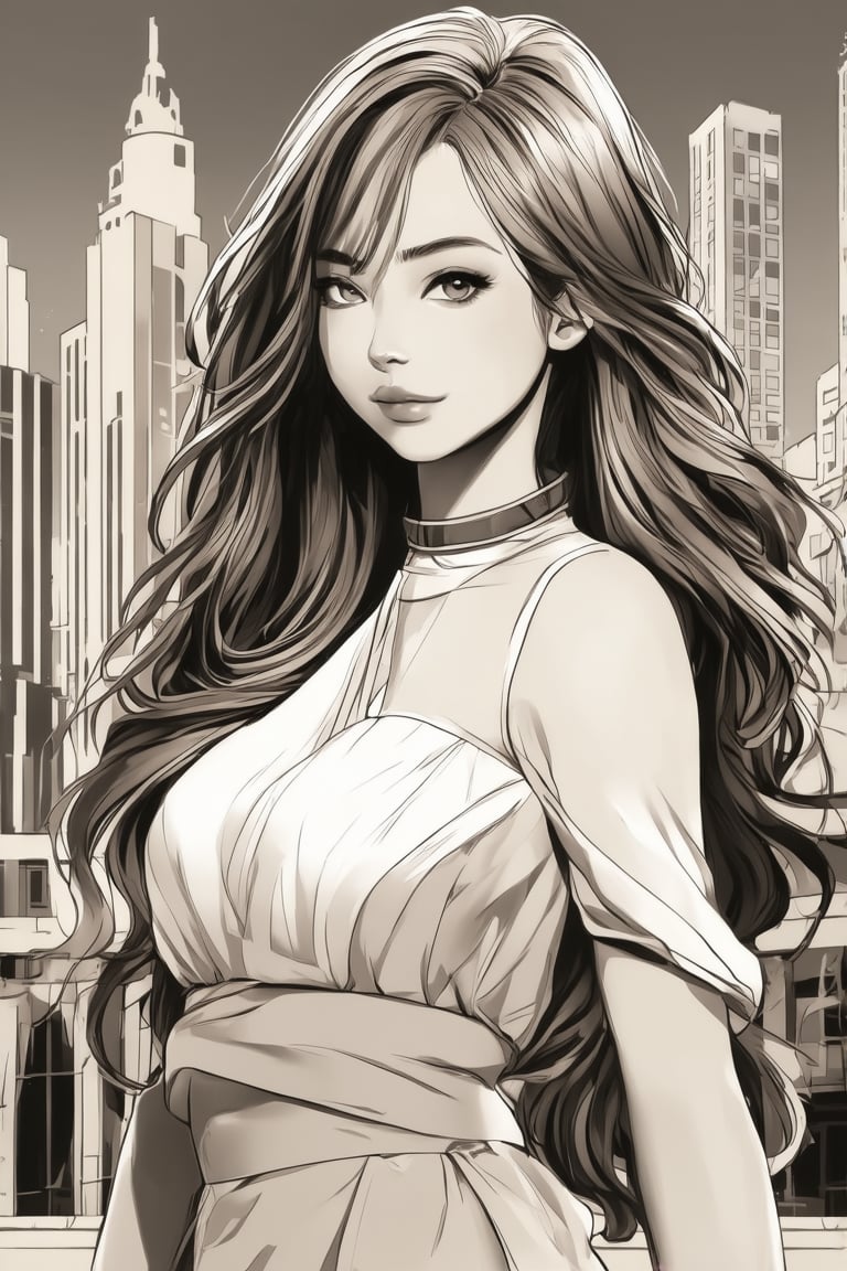 A stunning manga-style portrait of a ravishing young asian woman, her luscious locks flowing like silk in the sepia-tinted light. She stands poised, exuding self-assurance and poise, her features sculpted with bold lines. Trendy attire complements her striking visage, as she dominates the monochromatic cityscape. The subtle shading of grey-beige hues creates a dramatic backdrop, emphasizing the 2-tone artistry.