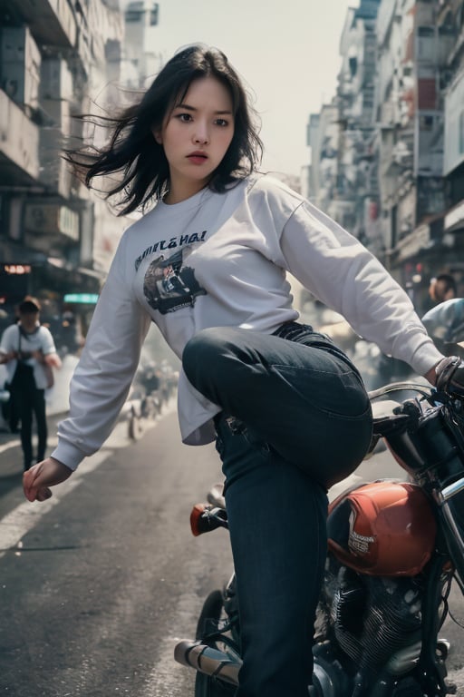 Here's a high-quality prompt for a photorealistic image:
A stunning, photorealistic image of a young girl with striking features: long black hair blowing in the wind, dressed in a long sleeve t-shirt and jeans, showcasing her athletic build. Her bright big eyes sparkle as she is kicking her enemy who is coming towards her on a motorcycle, a dynamic action scene, reminiscent of a blockbuster movie scene. The background reveals the vibrant market streets of Mongkok, Shot from a wide-angle lens with a cinematic flair, capturing every detail of this fit and fierce young warrior, effortlessly executing Kung fu moves.