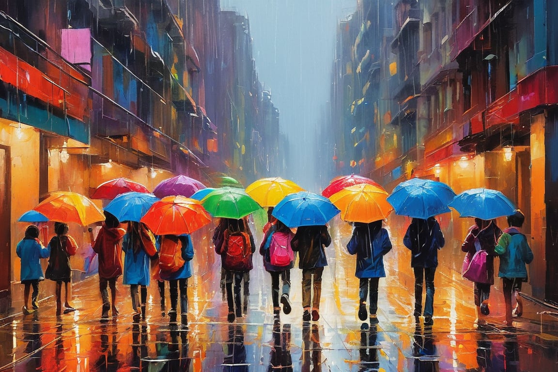 Rain-soaked streets of a modern metropolis come alive as a group of carefree children step into puddles, their laughter and joyful shouts muffled by the pounding raindrops. with rain lashing gently in the downpour. The warm glow of oil paints captures the diverse charm of the city, showcasing colorful umbrellas, neon lights reflecting off wet pavement, and playful splashes of water amidst the urban jungle.