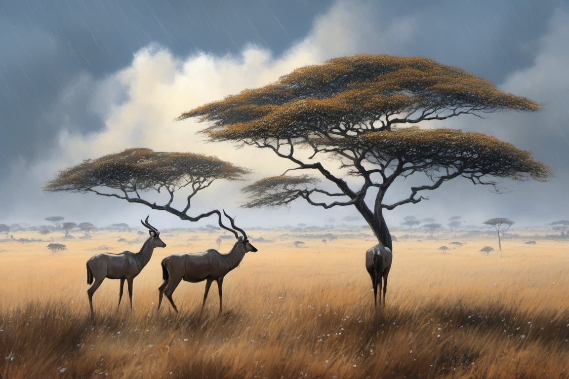 A majestic African savannah landscape unfolds, reminiscent of Leonardo da Vinci's masterful sketches. Soft, feathery rain clouds drift lazily across the horizon as droplets of rain fall upon the parched grasslands. Tall acacia trees, their branches etched like wispy pen strokes, stand sentinel against the gray-blue sky. A few scattered antelopes, their coats glistening with dew, peer out from beneath the leafy canopy, their large, expressive eyes seeming to drink in the soothing rain.