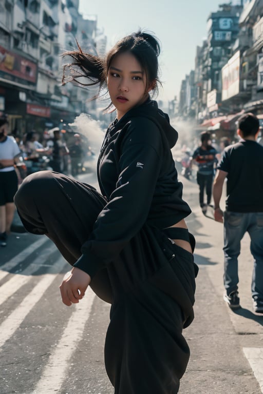 Here's a high-quality prompt for a photorealistic image:
A stunning, photorealistic image of a young girl with striking features: long black hair blowing in the wind, dressed in a fitted hoodie and jogging pants, showcasing her athletic build. Her bright big eyes sparkle as she lunges at her enemy in a dynamic action pose, reminiscent of a blockbuster movie scene. The background reveals the vibrant market streets of Mongkok, Shot from a wide-angle lens with a cinematic flair, capturing every detail of this fit and fierce young warrior, effortlessly executing Kung fu moves.