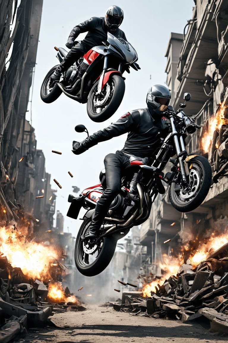 An animation movie: A dynamic action shot: bullets whizzing by, two motorcycles suspended in mid-air, their riders performing a daring stunt. The hero, dressed in a sleek outfit, hunches down for safety, eyes scanning the surroundings with caution. A gritty urban backdrop provides the setting, with crumbling buildings and twisted metal in the foreground, capturing the chaos of the scene.