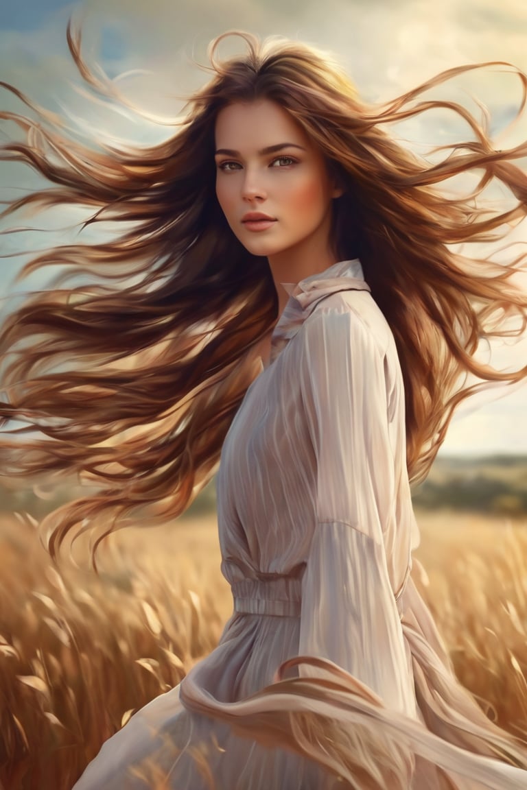 1 girl, brown, art, digital art, brown flowing hair in the wind, Extremely Realistic, artwork , 