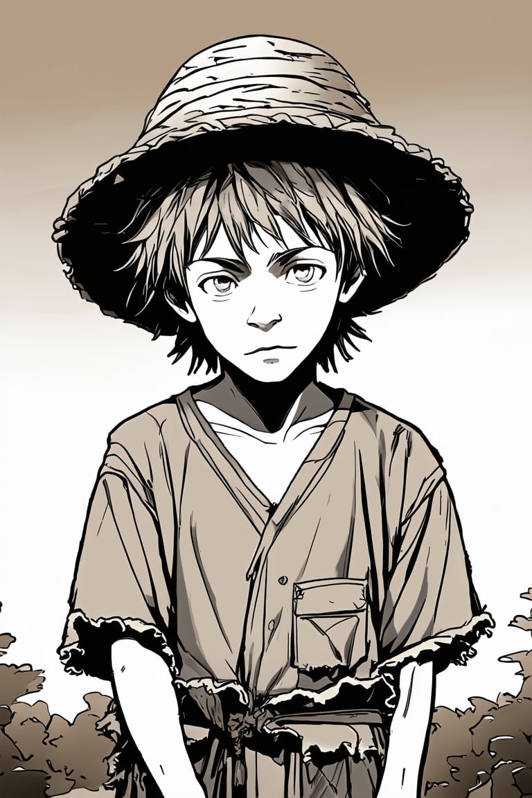 A manga-style illustration of a vagabond, boy with scruffy hair wearing a straw hat and tattered clothes, standing out in bold 2 tone sepia greyscale line art. His facial expression is helpless, with a noticeable sadness, adding to the dramatic flair. The surrounding background fading into subtle shades of grey-brown, emphasizing the monochrome color scheme.