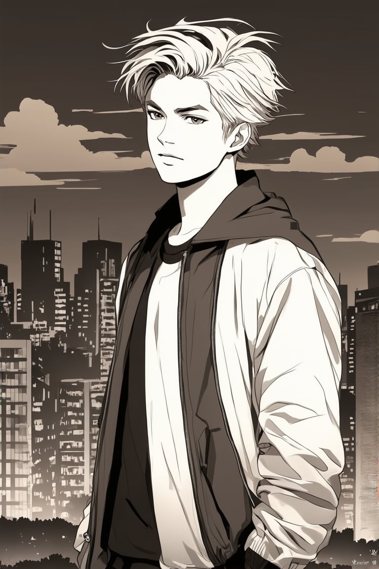 A captivating manga portrait of a ravishing young man, standing confidently against a sepia-toned cityscape at dusk. His slick hair blows in the gentle breeze, illuminated by warm, sepia-tinged light. Trendy attire complements his striking features, sculpted with bold lines and sharp angles. The monochromatic tones of grey create a dramatic backdrop, emphasizing the 2-tone artistry as he dominates the scene.