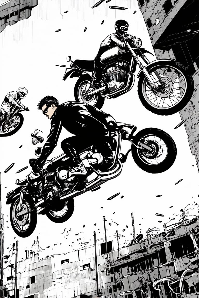 A Manga style animation movie: bullets whizzing by, two motorcycles suspended in mid-air, their riders performing a daring stunt. The hero, dressed in a sleek outfit, hunches down for safety, eyes scanning the surroundings with caution. A gritty urban backdrop provides the setting, with crumbling buildings and twisted metal in the foreground, capturing the chaos of the scene.