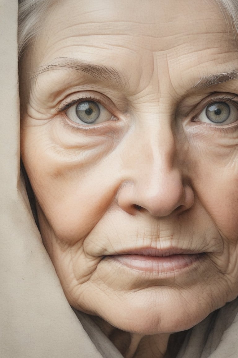 A close-up shot of an old woman's face, framed by a subtle gradient of gray tones. Ink strokes render the subject's features with bold simplicity, capturing the essence of their character. Eyes gaze directly into the lens, with eyelids slightly narrowed to convey introspection. The background is a soft, creamy white, subtly textured to evoke parchment or old book pages.