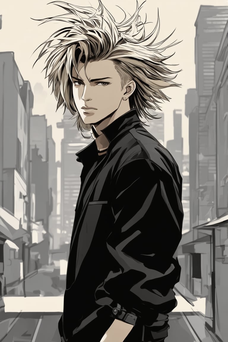 A stunning manga-style portrait of a ravishing young man, his slick hair blowing like silk in the wind,  sepia-tinted light. He stands poised, exuding self-assurance and poise, his features sculpted with bold lines. Trendy attire complements his striking visage, as he dominates the monochromatic cityscape. The subtle shading of grey hues creates a dramatic backdrop, emphasizing the 2-tone artistry.